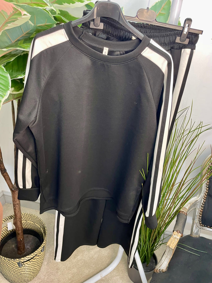 LADIES SPORTS LUXE STRIPE TROUSER CO ORD SET - BLACK, NAVY, KHAKI, MOCHA, BROWN