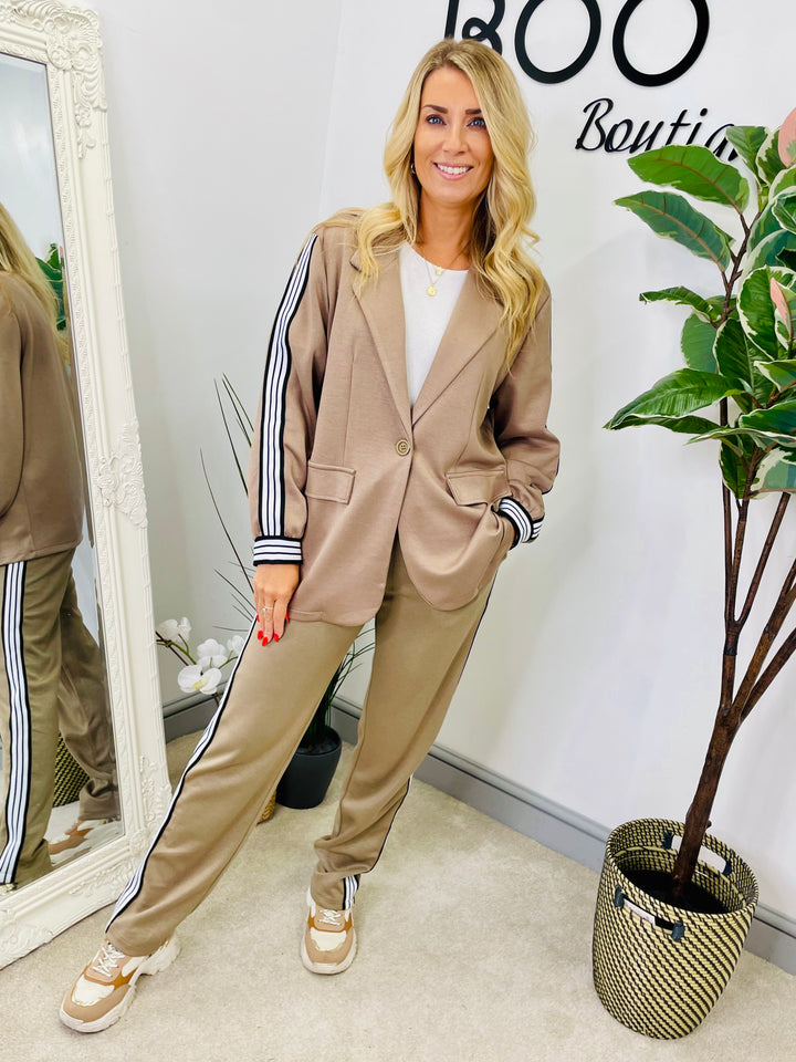 LADIES SPORTS LUXE STRAIGHT LEG TROUSER CO ORD SET - BLACK, BEIGE & BROWN