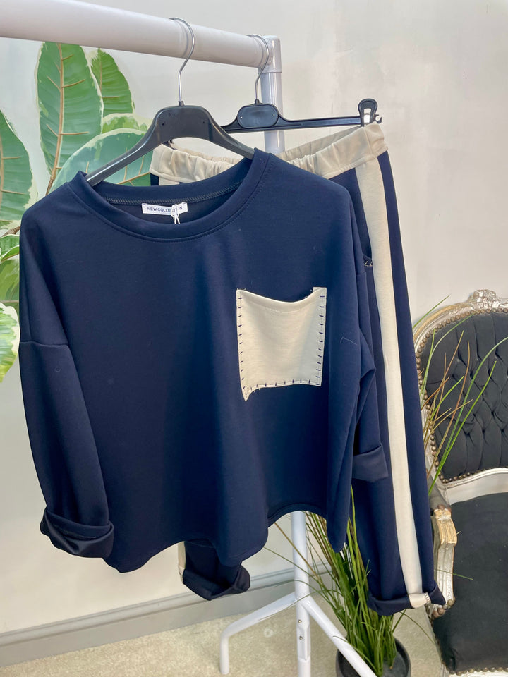 LADIES PATCHWORK POCKET SCUBA TROUSER CO ORD SET - NAVY, KHAKI & BEIGE