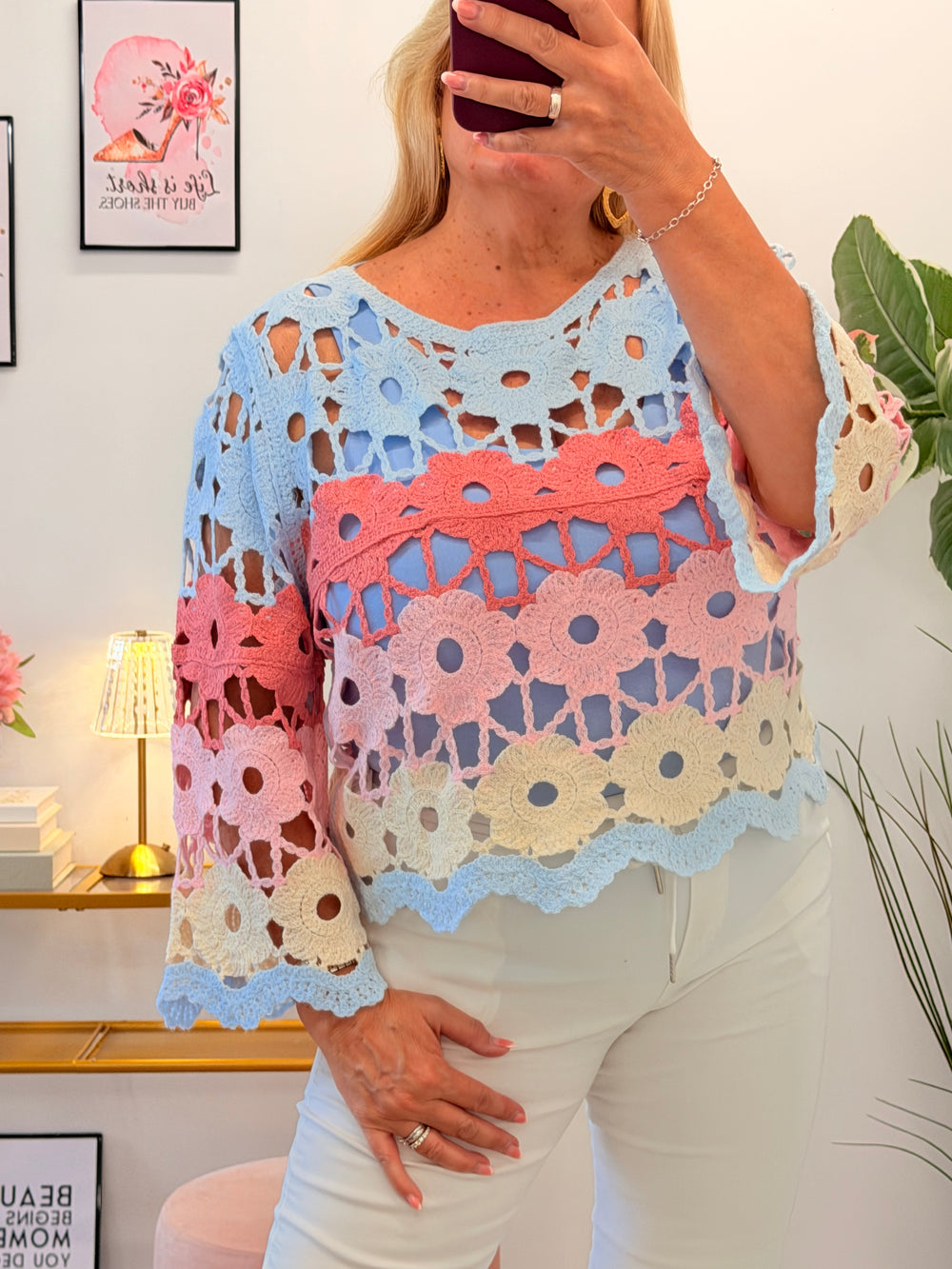 Ladies Rainbow Crochet Summer Stripe Top - Pink, Blue