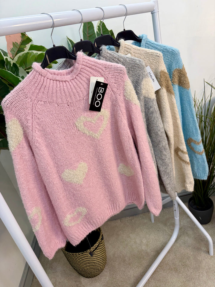 LADIES FASHION CHUNKY KNIT HEART JUMPER - PINK, BLUE, BEIGE & GREY