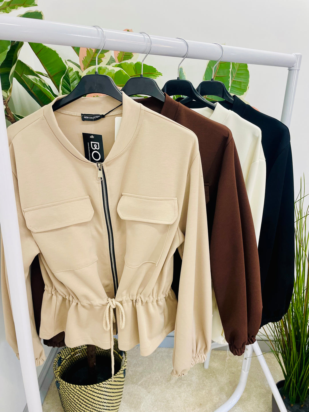 LADIES FASHION BOMBER JACKET - WHITE, BLACK, BEIGE, BROWN