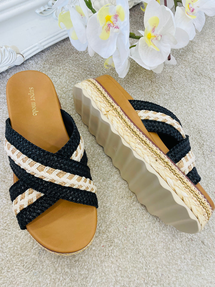 LADIES BLACK WOVEN SUMMER HOLIDAY FLATFORM SLIDER SANDALS 