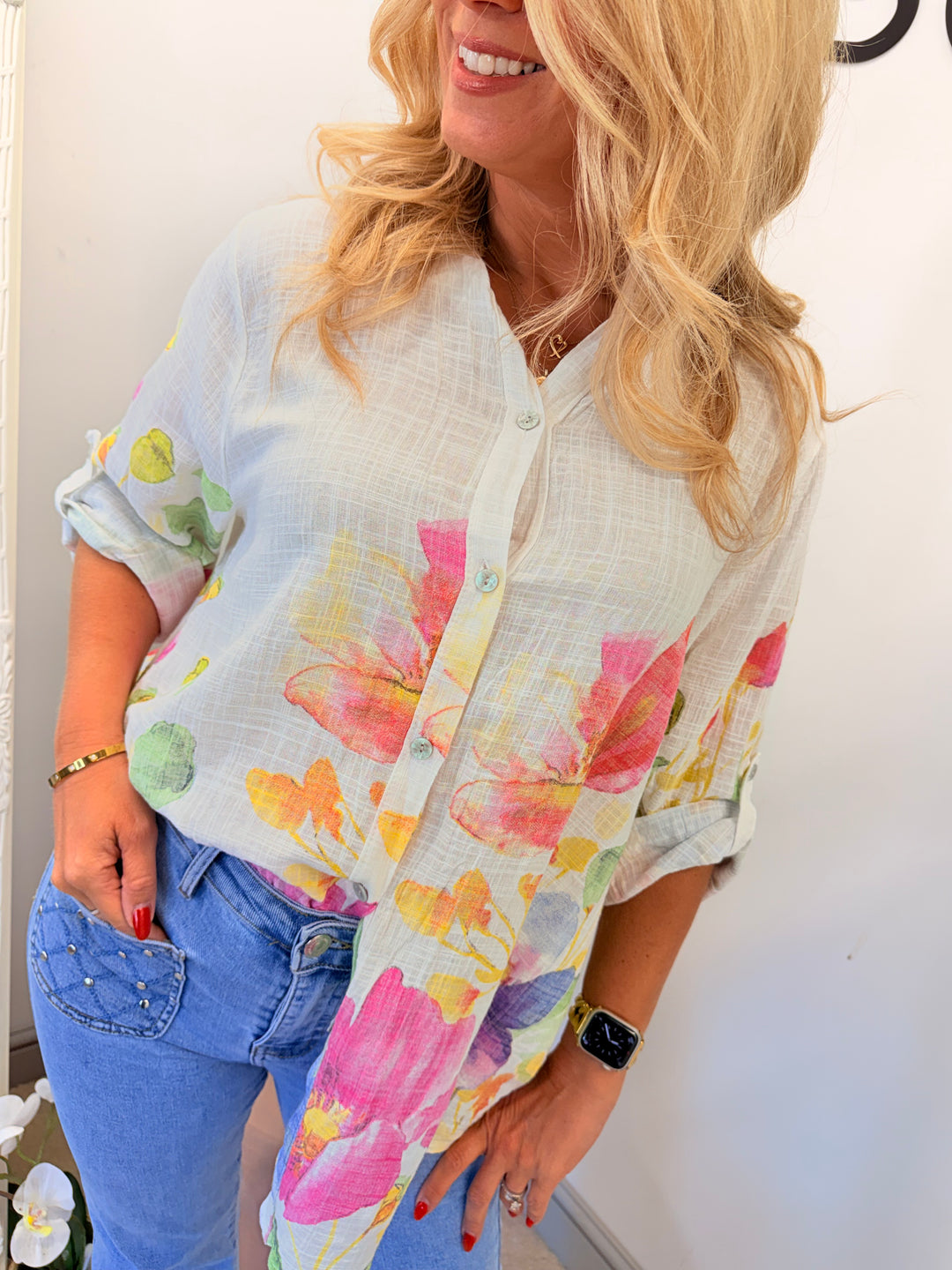 Ladies Fashion White Flower Print Light Linen Shirt Top