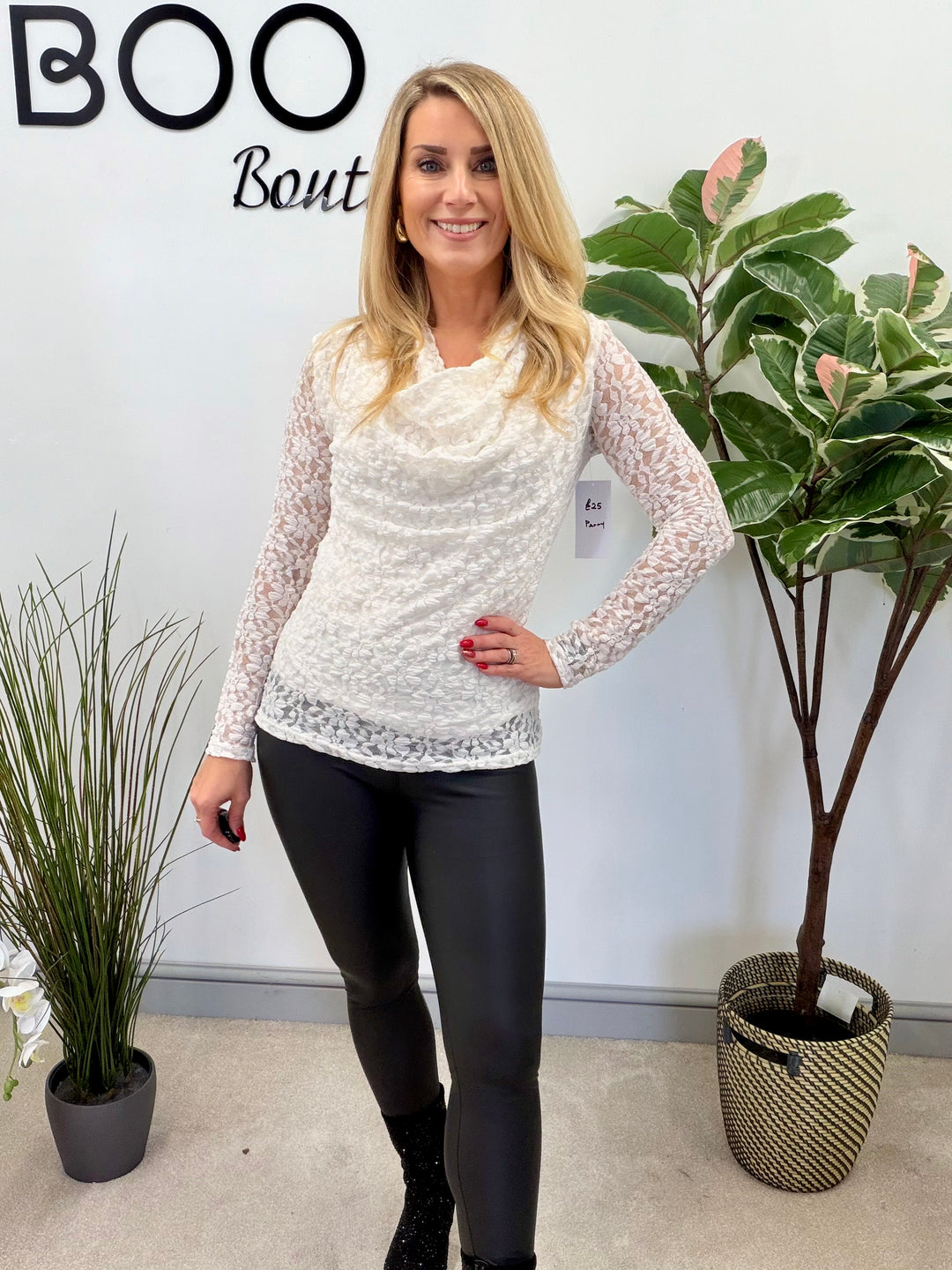 LADIES LACY COWL NECK LONG SLEEVE TOP - BLACK, WHITE & BROWN