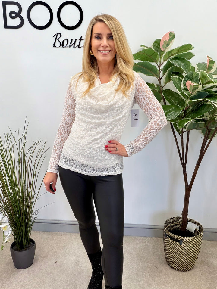 LADIES LACY COWL NECK LONG SLEEVE TOP - BLACK, WHITE & BROWN