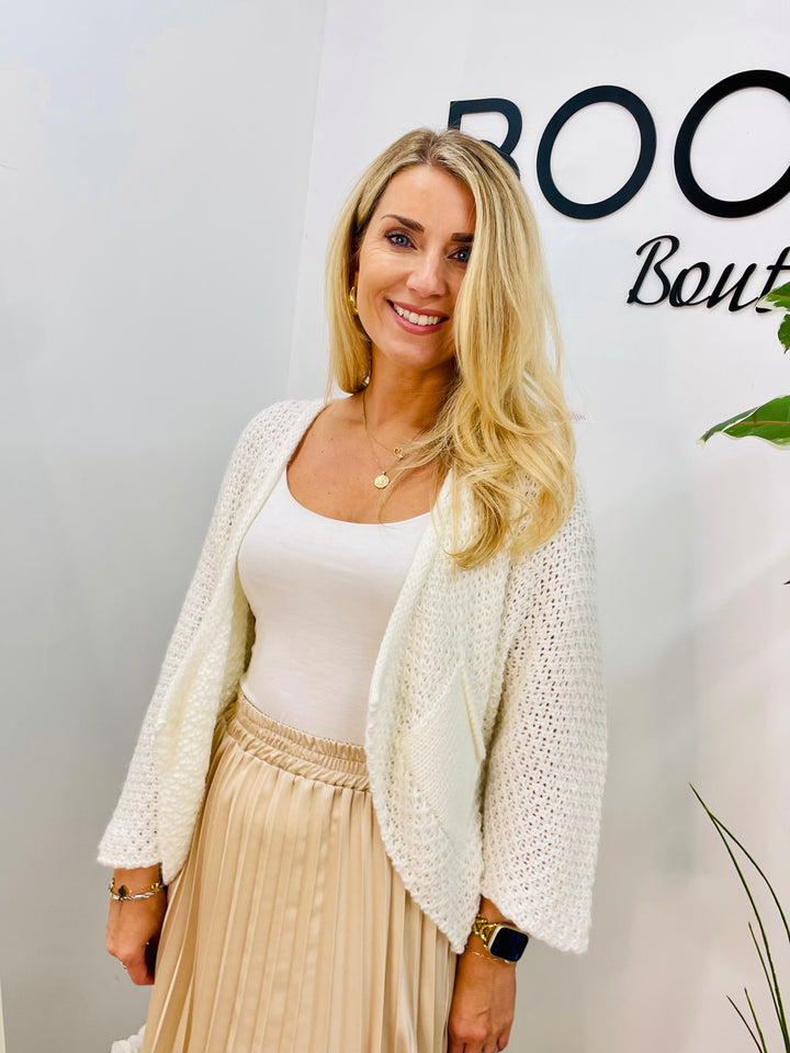 LADIES KNITTED BOLERO CARDIGAN - CREAM, PINK, NAVY, BLACK, OATMEAL, CAMEL, GREY