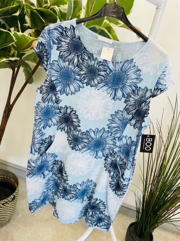 LADIES COTTON SUMMER SHIFT DAY DRESS - WHITE, PINK, BLUE