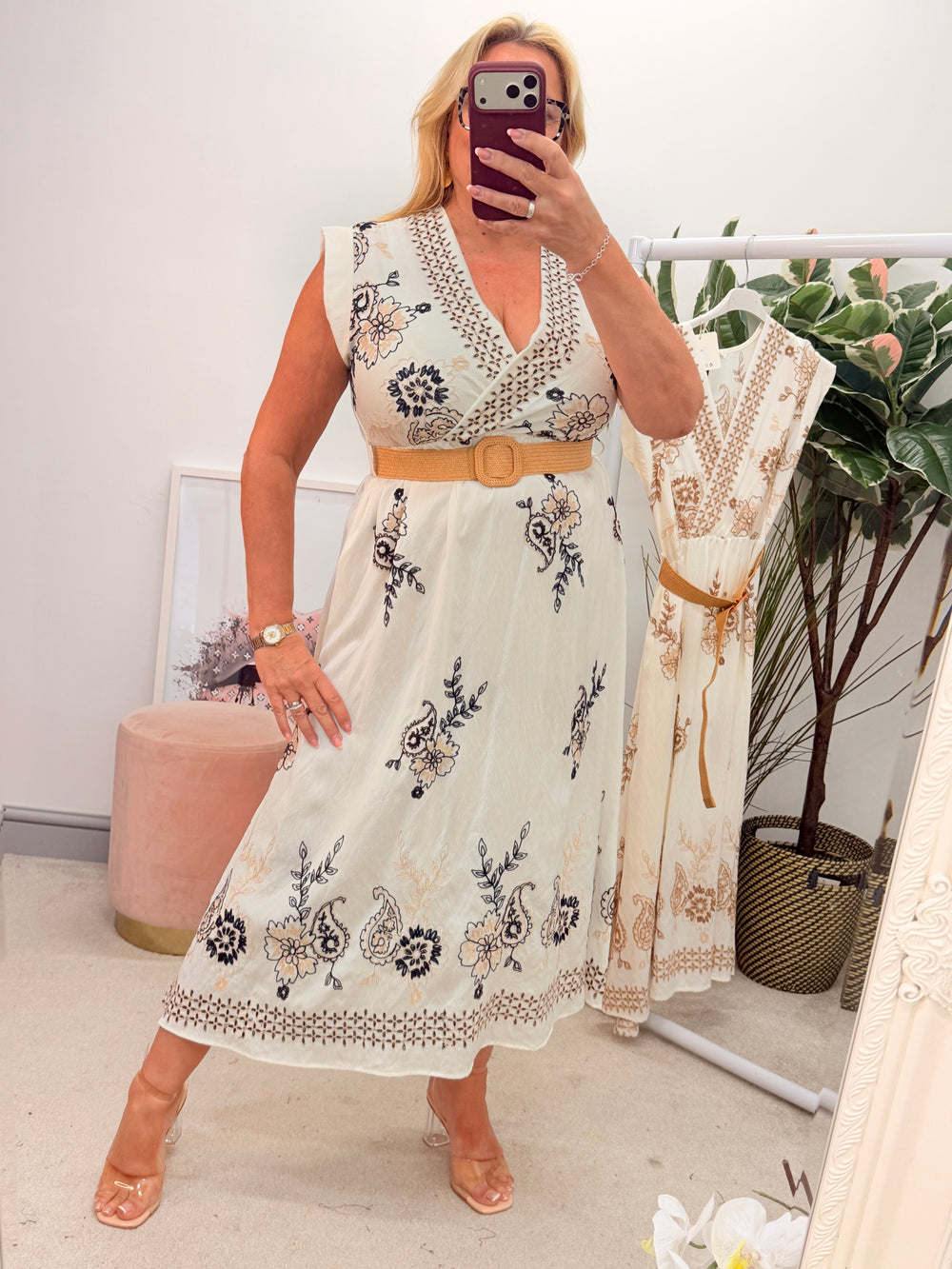 Ladies Cream Embroidered Wrap Style Midi Dress - Beige & Navy