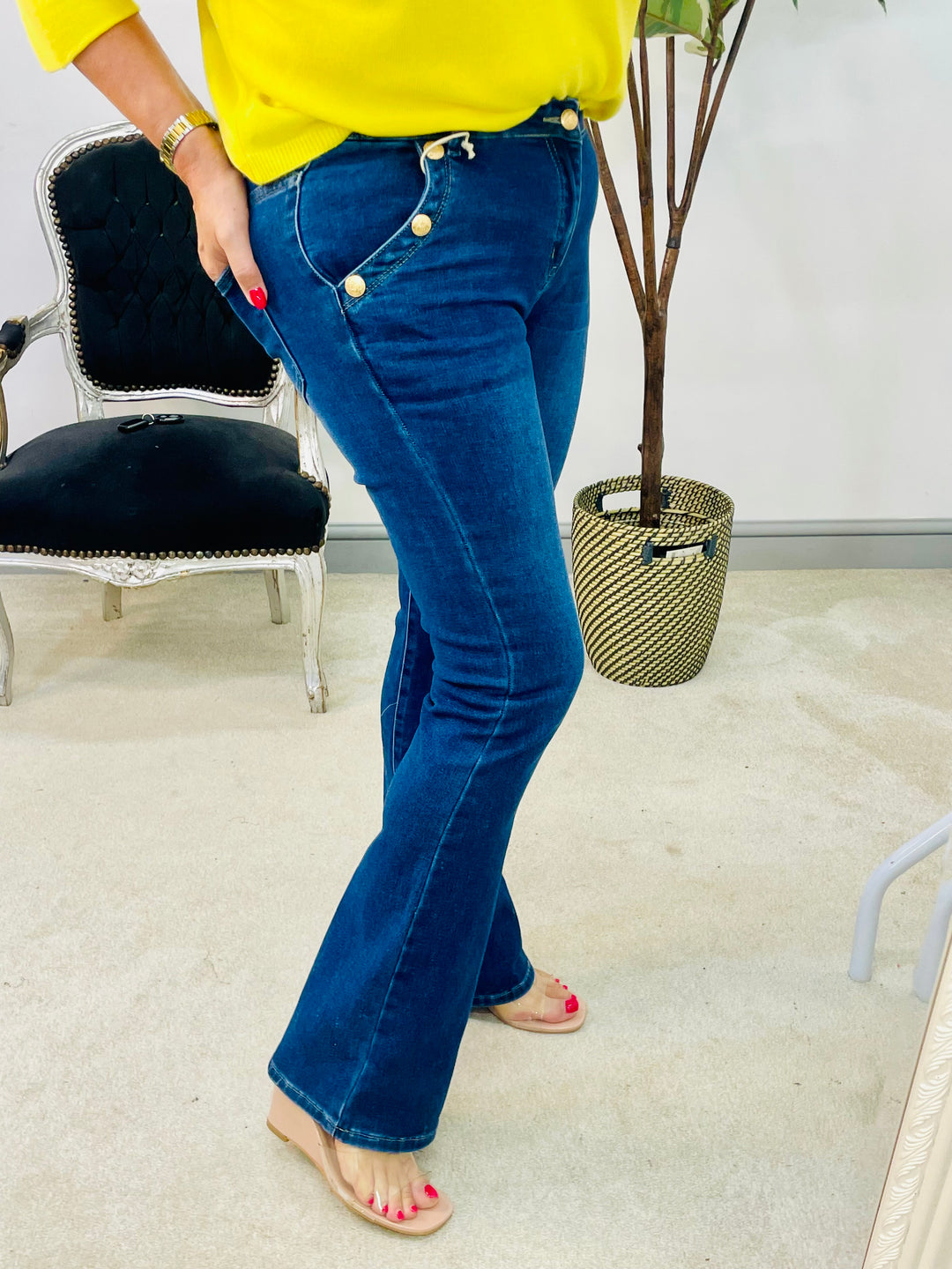 LADIES DARK BLUE DENIM KICK FLARE JEANS