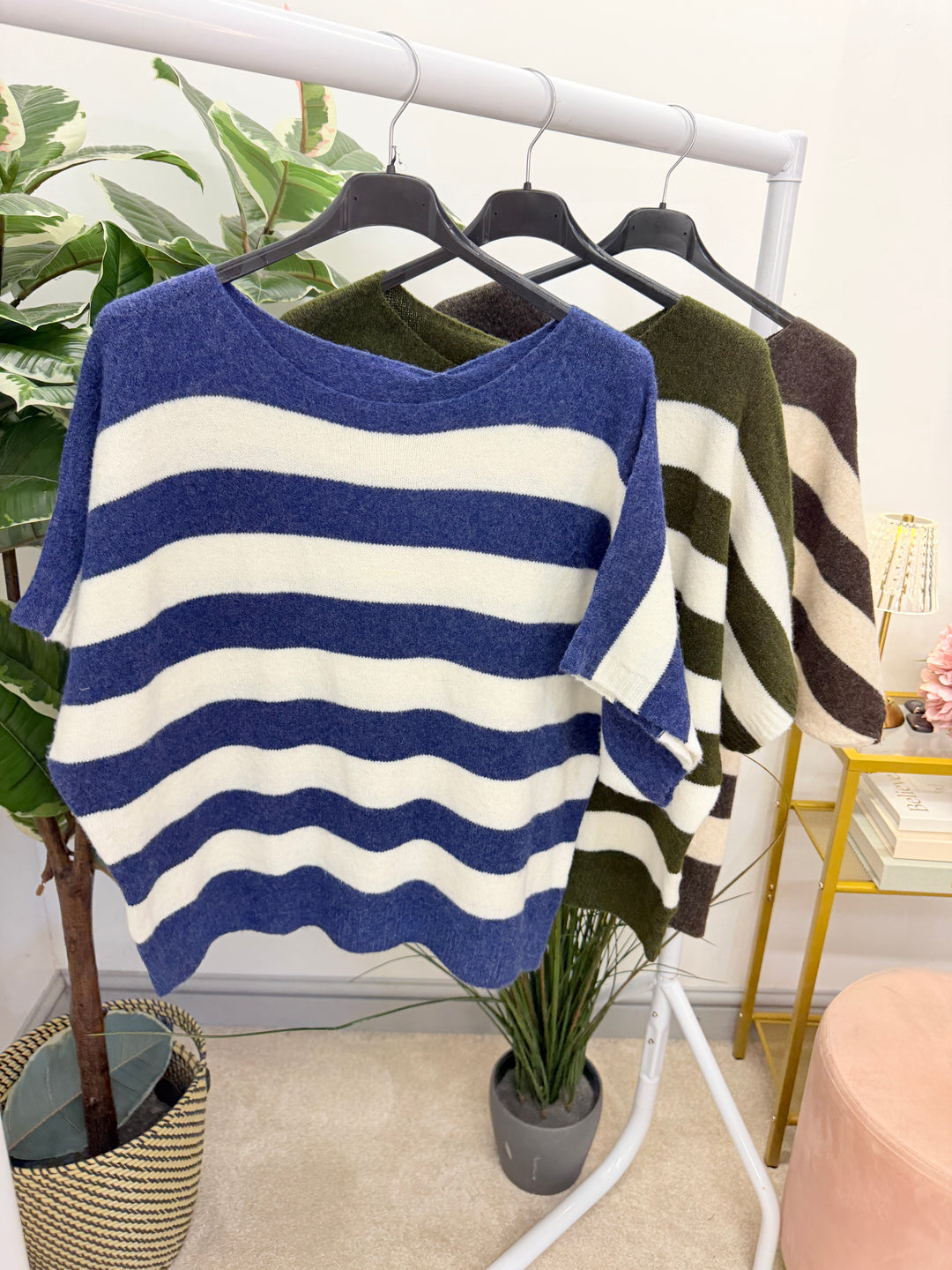 Ladies Fashion Wide Stripe Short Sleeve Jumper - Khaki, Blue & Brown
