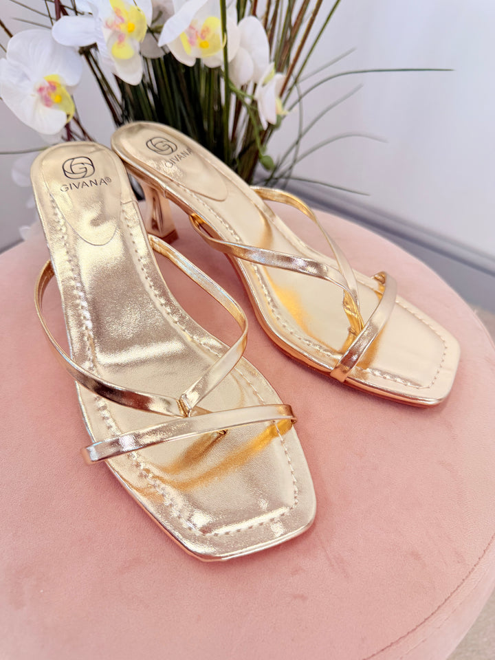 Ladies Fashion Gold Kitten Heel Strappy Sandals 