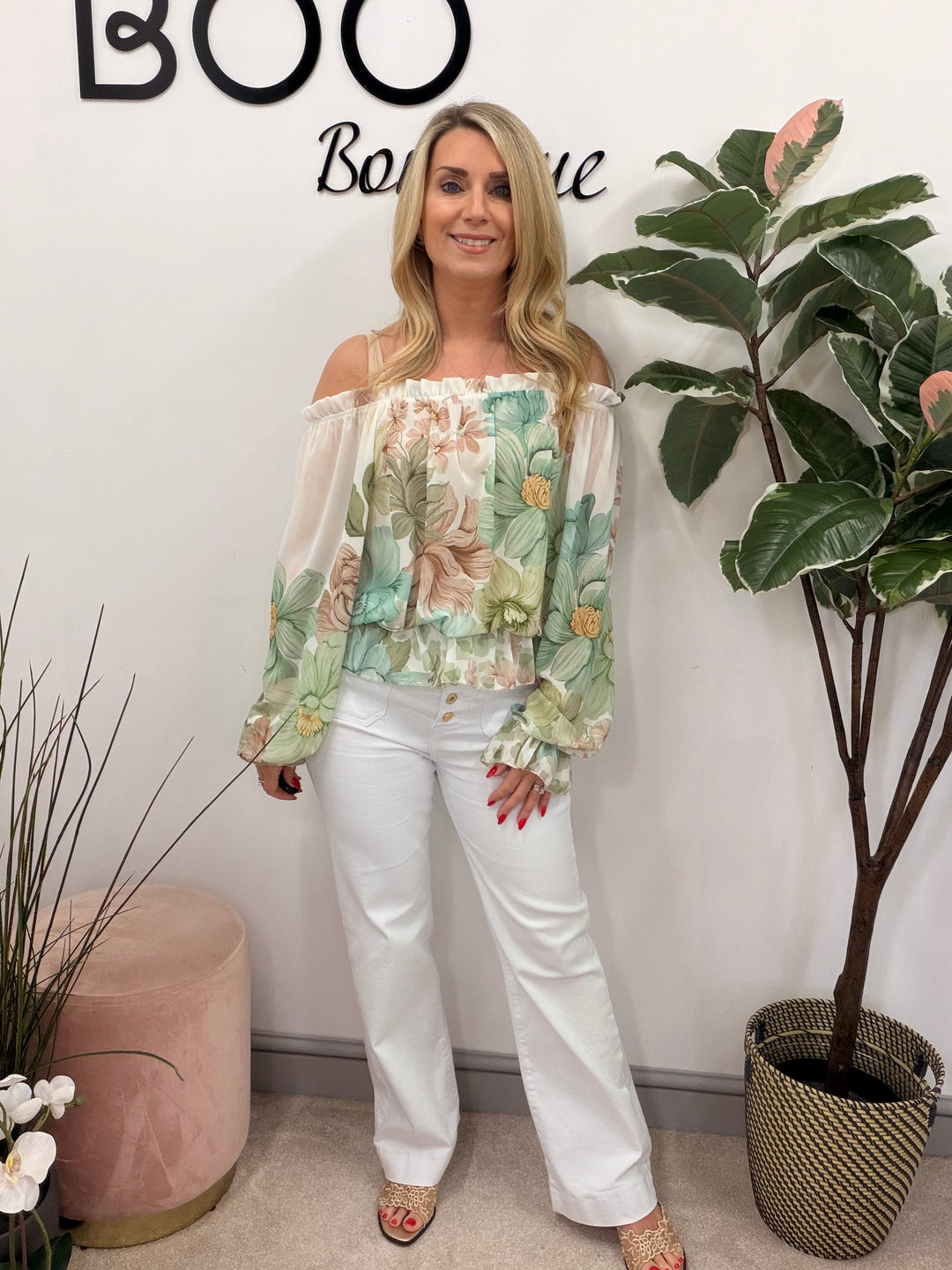 Ladies Fashion Flower Print Bardot Top Blouse - Pink, Lemon, Green & Blue