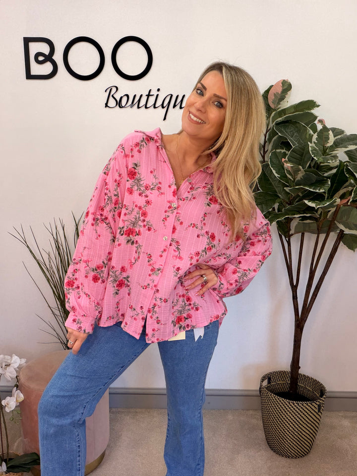 Ladies Fashion Pink Cheesecloth Long Sleeve Blouse Top