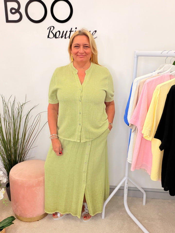 Ladies Fashion Tea Bag Linen Button Up Shirt Top pistachio