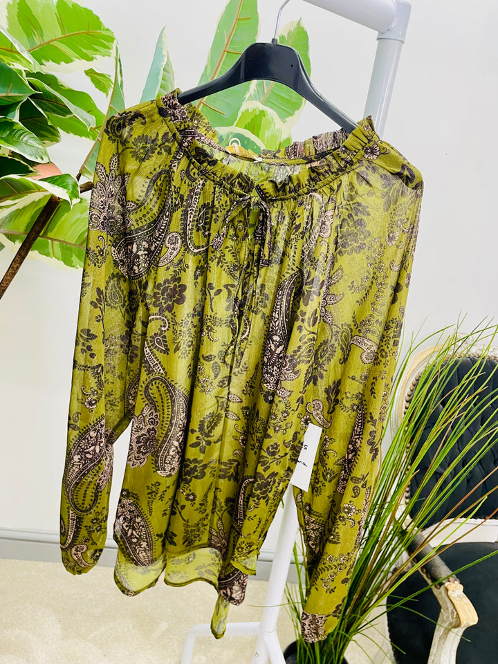 Ladies olive chiffon paisley print top 