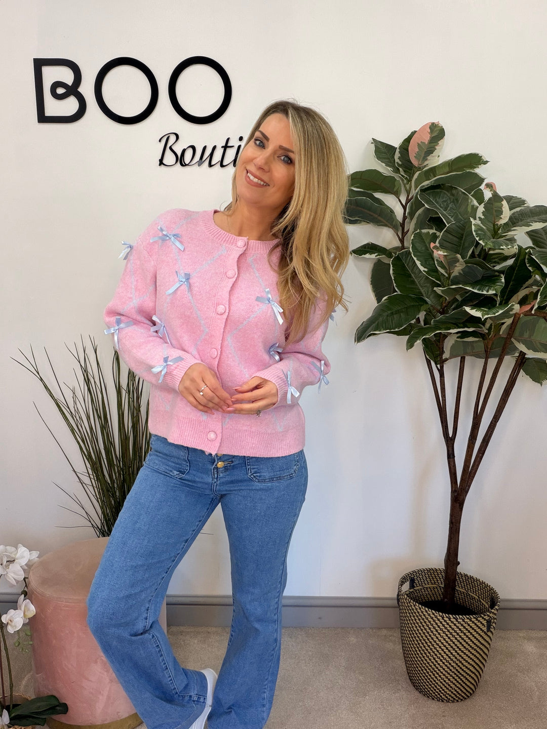 Ladies Fashion Soft Knit Satin Bow Cardigan - blue & pink