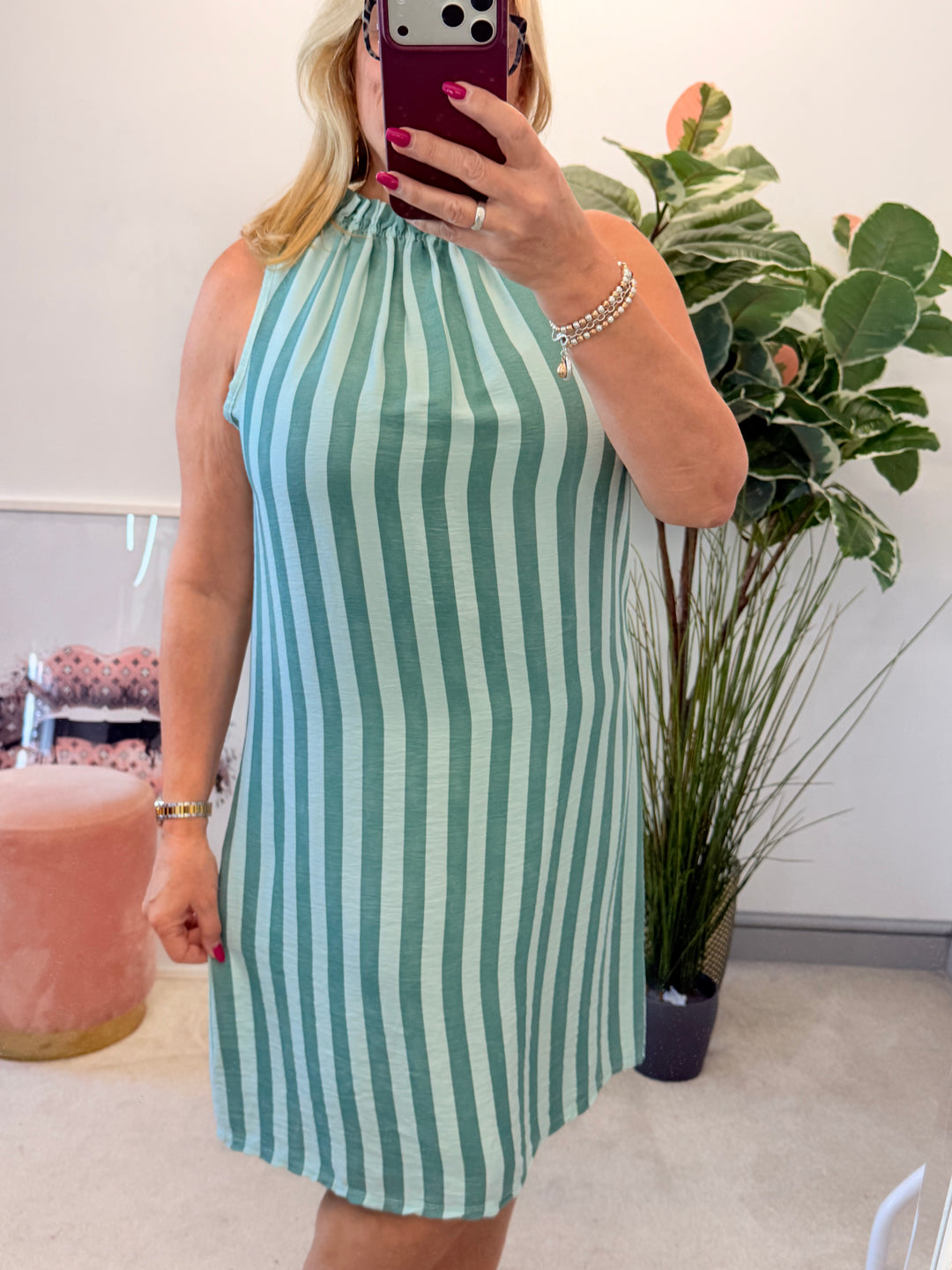 Ladies Candy Stripe High Neck Summer Sun Dress - Brown, Blue, Mint & Pink