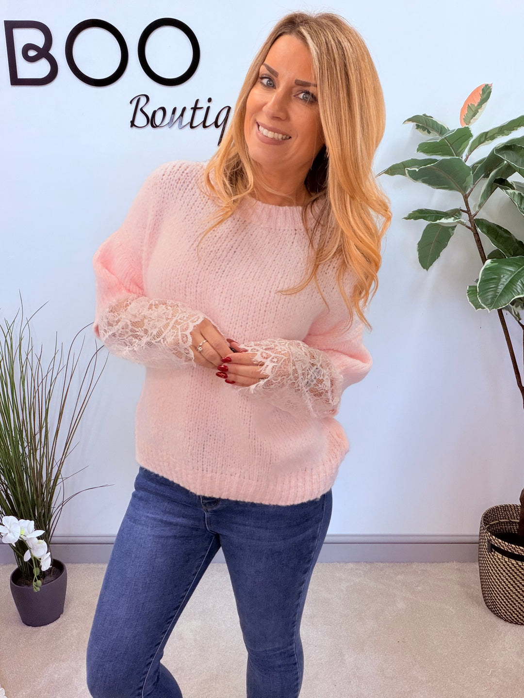 LADIES FASHION CHUNKY KNIT LACE SLEEVE JUMPER - PINK, BLUE, BEIGE, BLACK & BROWN