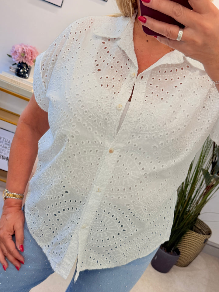 Ladies White Broderie Anglaise Summer Shirt Top