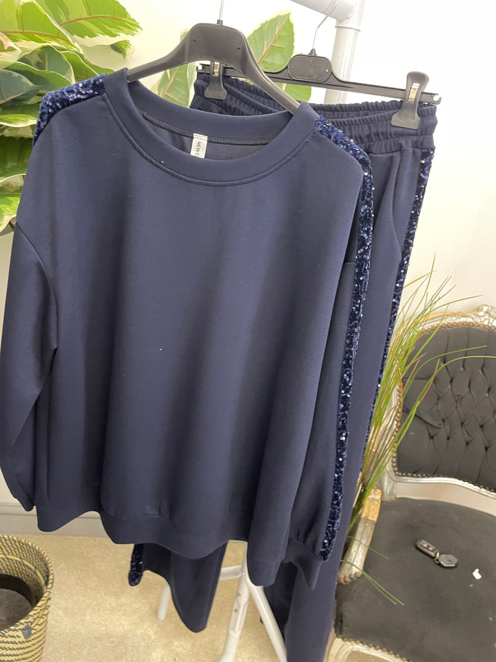 LADIES SEQUIN SCUBA WIDE LEG TROUSER CO ORD SET - BROWN, BLACK, NAVY