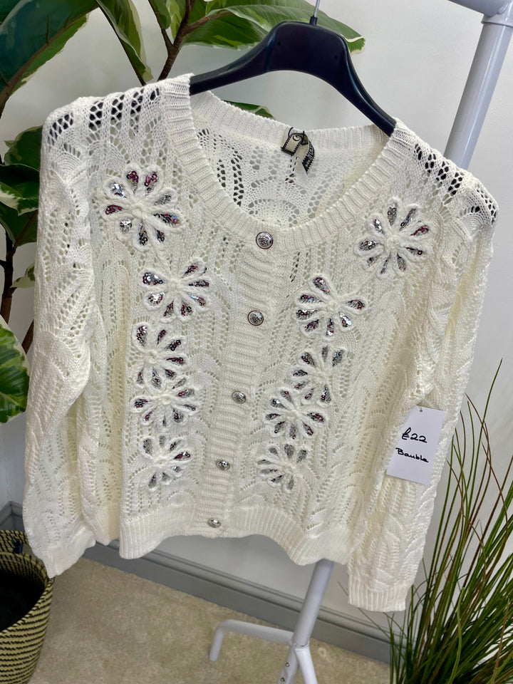 LADIES CROCHET SEQUIN CARDIGAN JUMPER - BLACK & WHITE