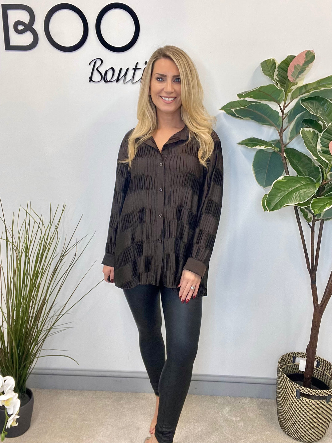 LADIES PLEATED OVERSIZE SHIRT BLOUSE - BLACK, PLUM & BROWN