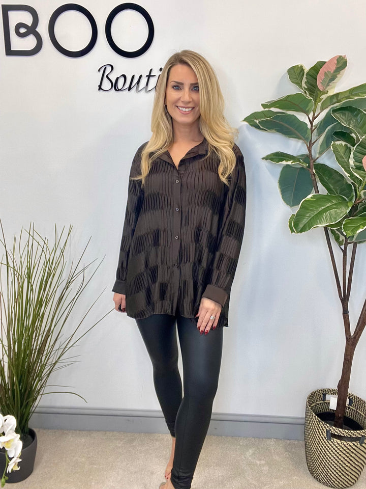 LADIES PLEATED OVERSIZE SHIRT BLOUSE - BLACK, PLUM & BROWN