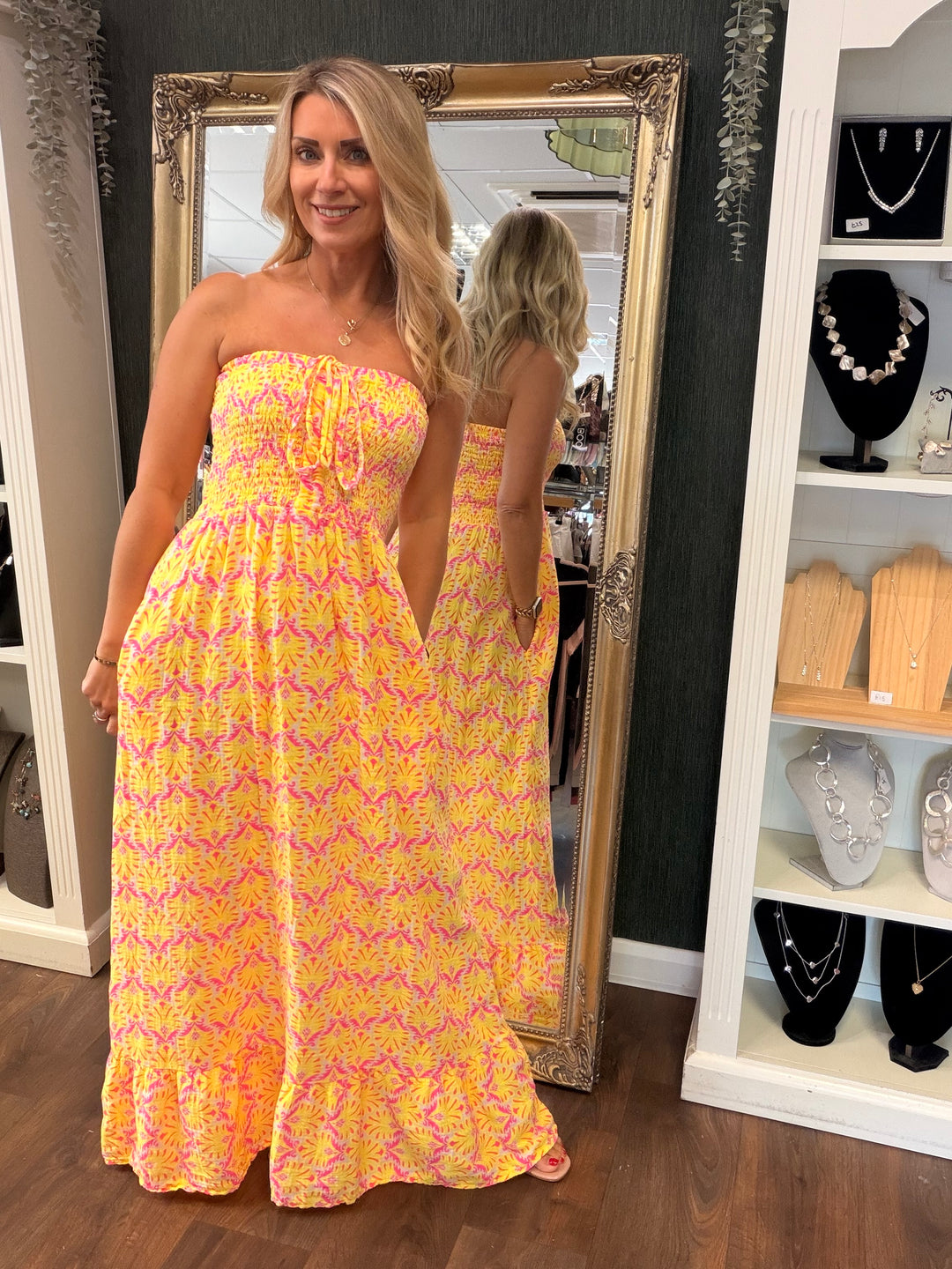 Ladies Fashion Summer Strapless Maxi Dress - Pink, Yellow, Orange, Green, Navy