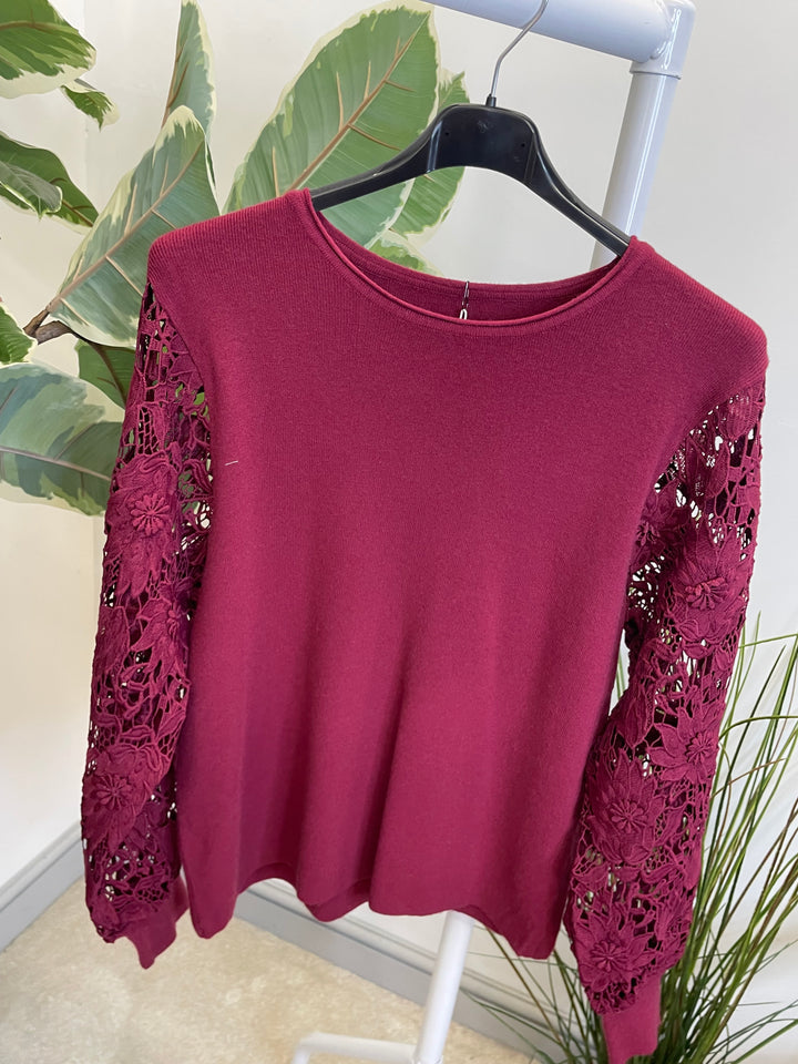 LADIES LACE SLEEVE JUMPER - BLACK, PINK, RED, BERRY,  BROWN & BEIGE
