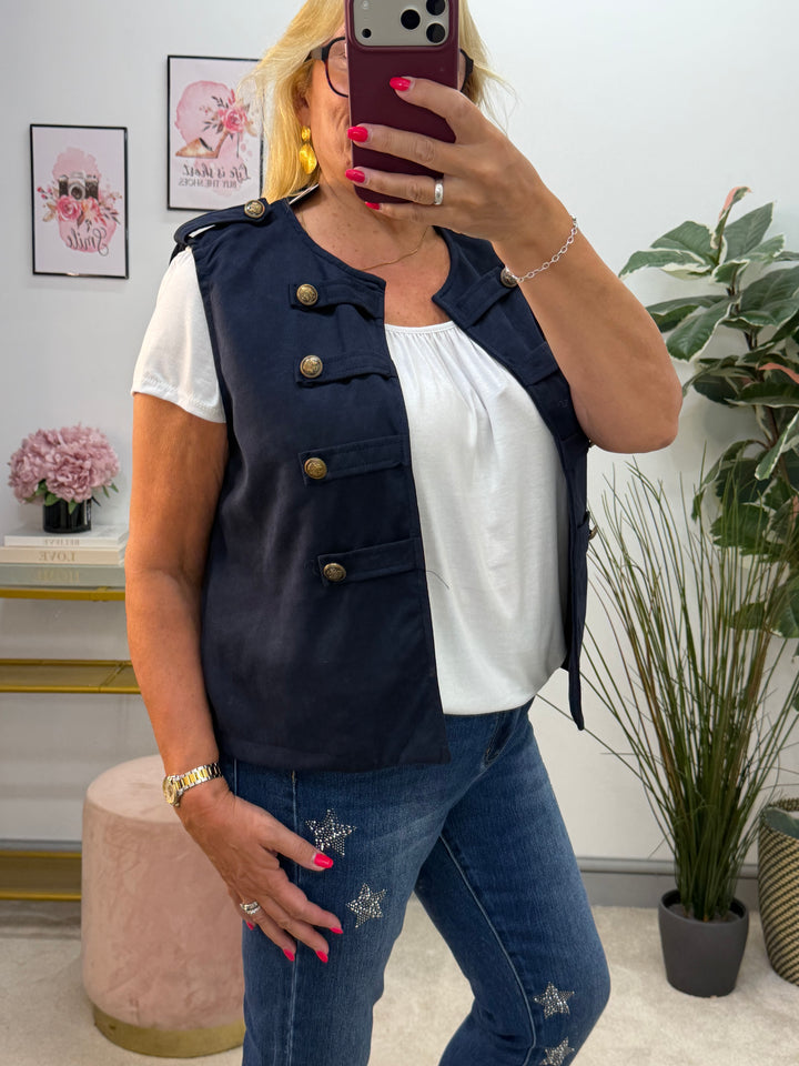 Ladies Fashion Faux Suede Military Waistcoat - Black, Navy, Beige & Wine