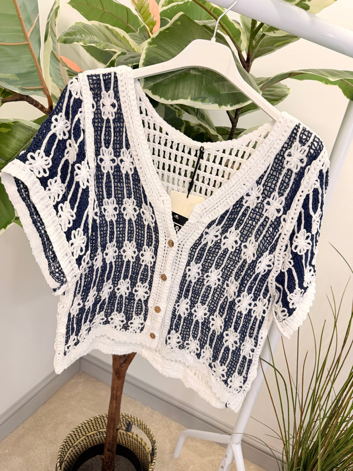 Ladies Navy & White Crochet Bolero Cardigan Top