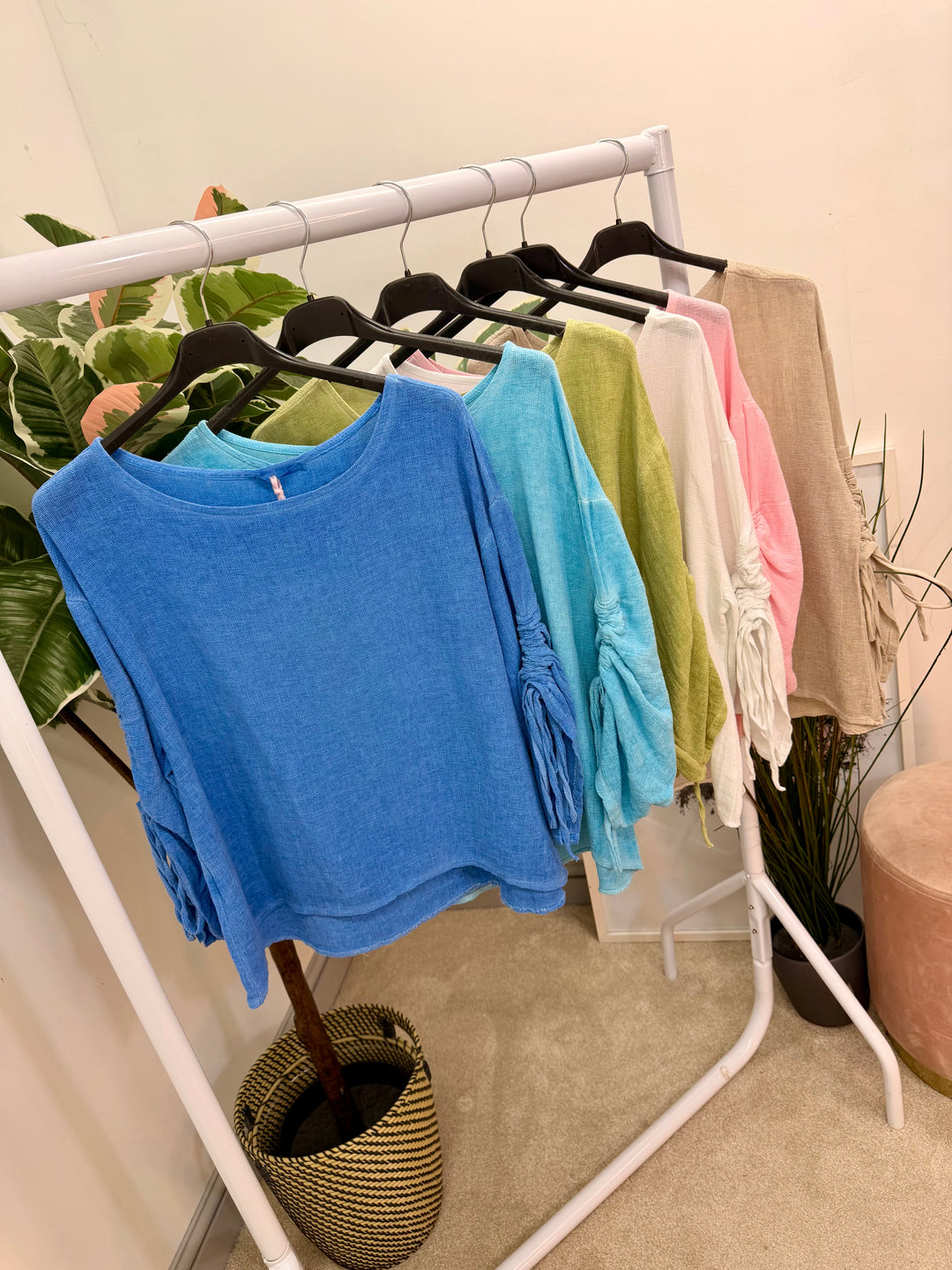 Ladies Fashion Ruche Sleeve Teabag Linen Top