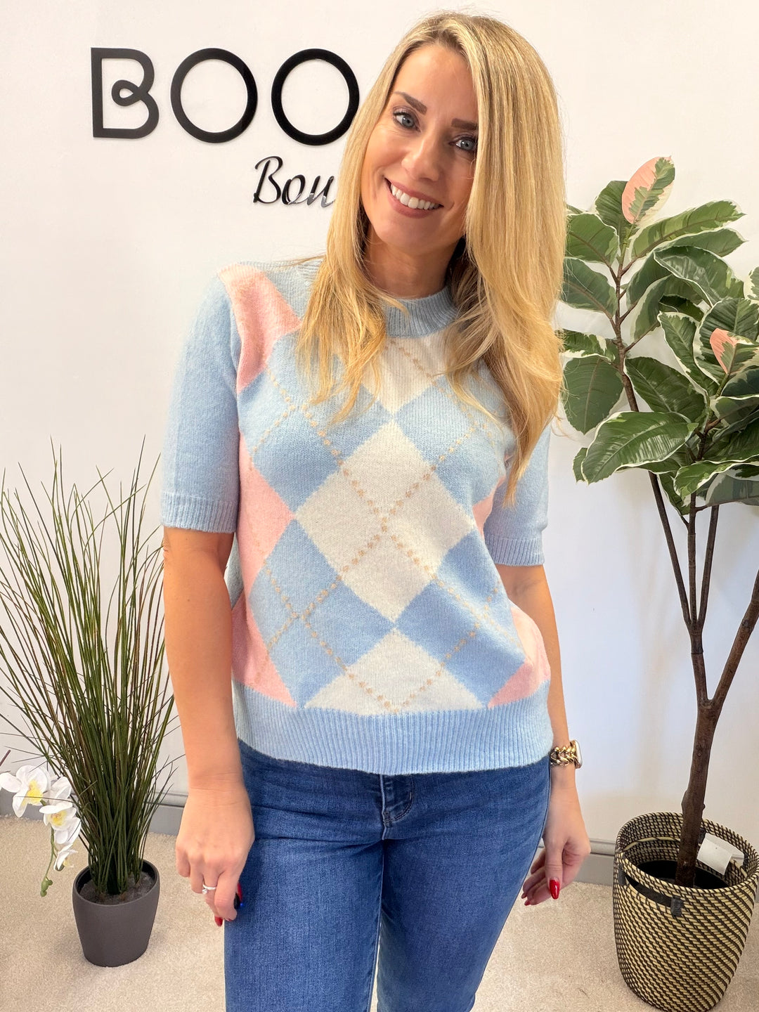 LADIES ARGYLE KNIT SHORT SLEEVE JUMPER - CREAM, BLUE, PINK