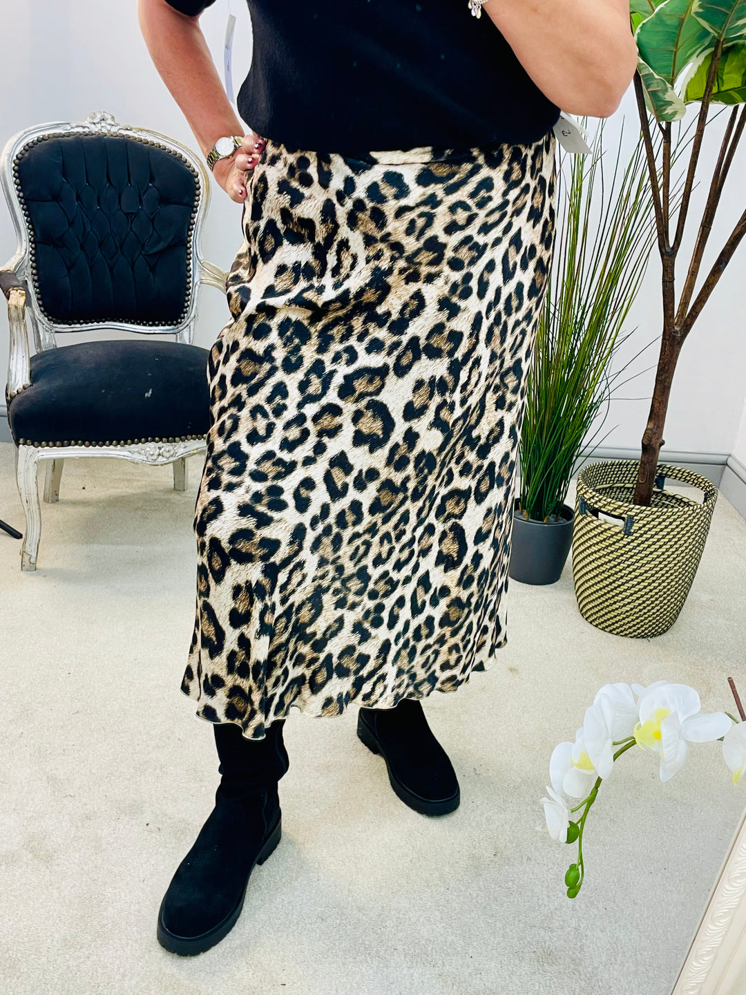 LADIES LEOPARD PRINT SATIN MIDI SKIRT