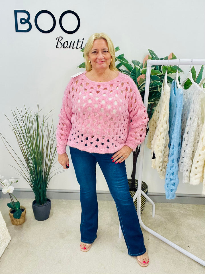 LADIES HOLEY BOX STYLE JUMPER - BLUE, BEIGE, CREAM, PINK & GREY