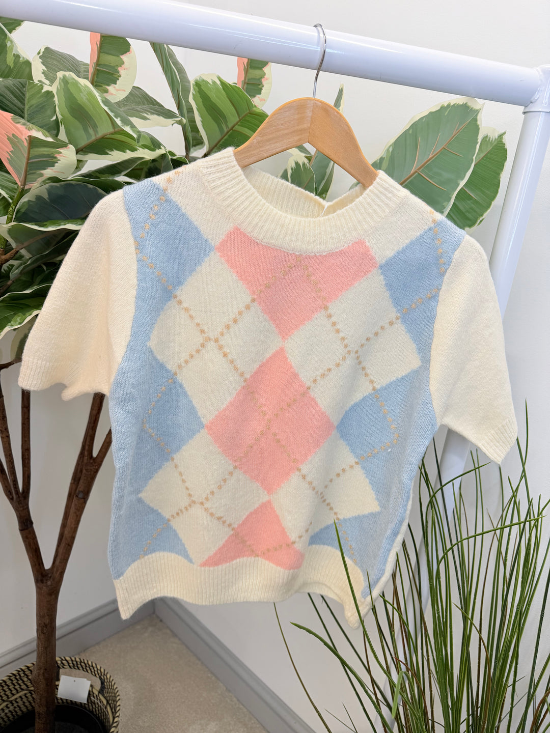 LADIES ARGYLE KNIT SHORT SLEEVE JUMPER - CREAM, BLUE, PINK