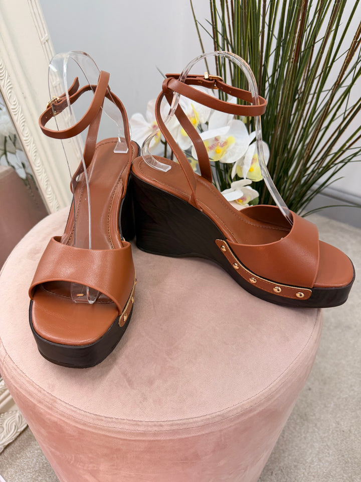 Ladies Fashion High Wedge Heel Sandals Shoes - white, burgundy & camel