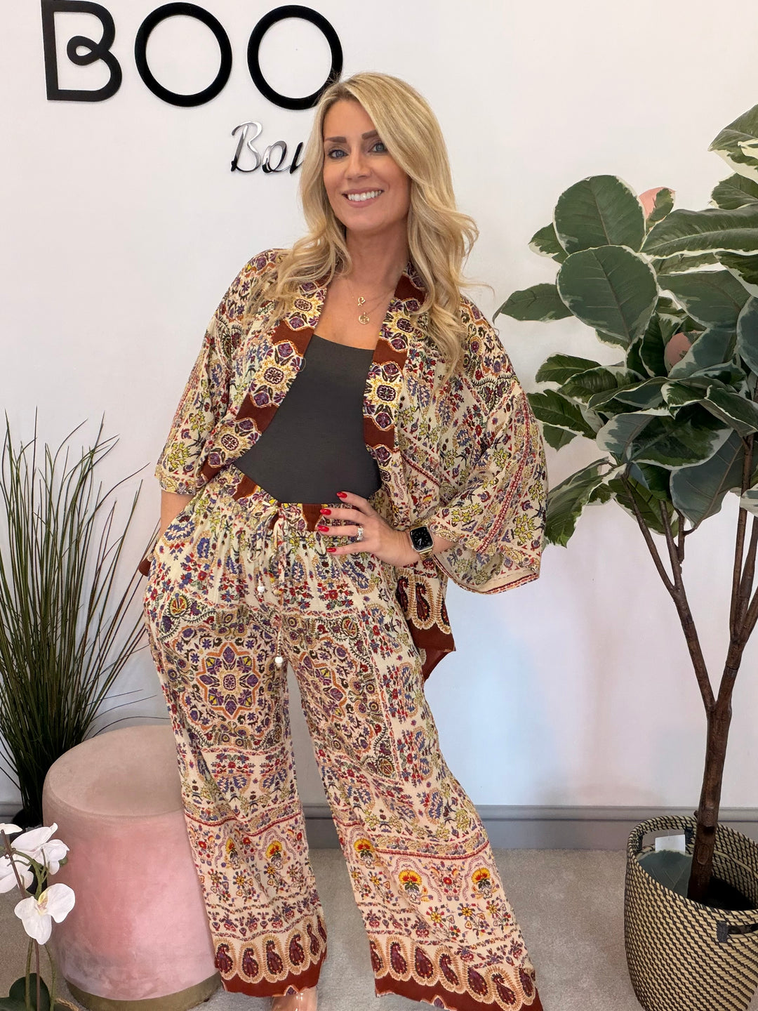 Ladies Moroccan Print Wide Leg Trouser Kimono Jacket Co Ord Set