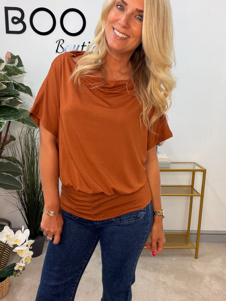 Ladies Fashion Jersey Straight Neck Batwing Top - Black, Rust, Wine & Brown