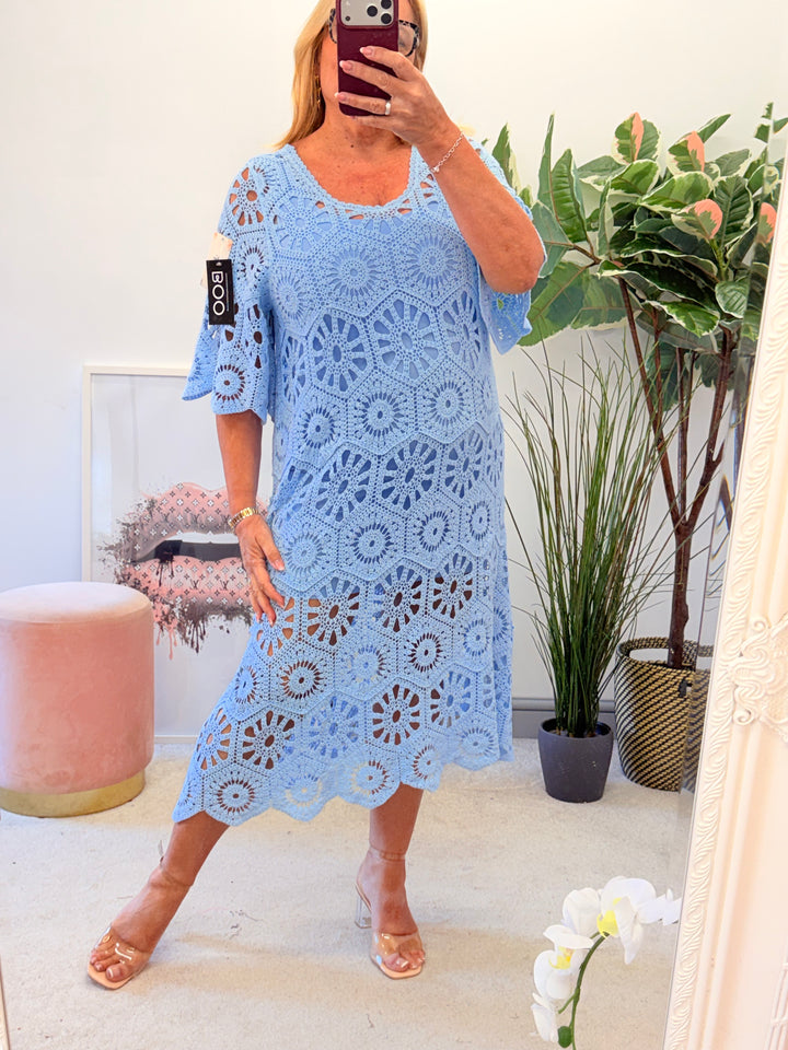 Ladies Fashion Crochet Beach Summer Maxi Dress - Blue, Pink, Fuschia, Orange, White