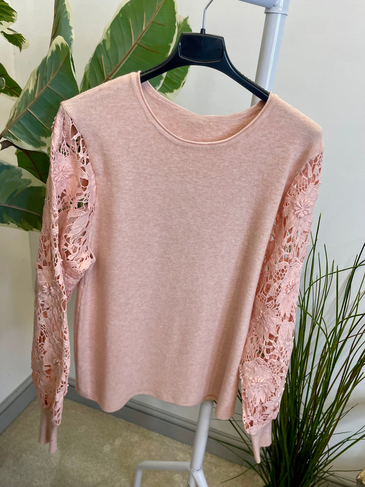 LADIES LACE SLEEVE JUMPER - BLACK, PINK, RED, BERRY,  BROWN & BEIGE
