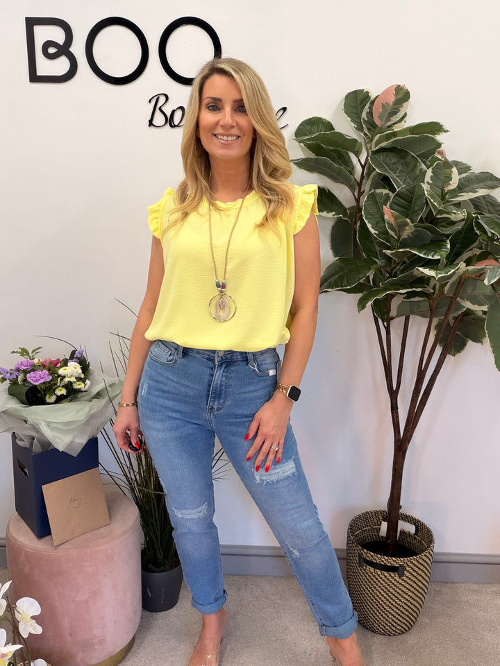 Ladies Fashion Frill Cap Sleeve Top lemon