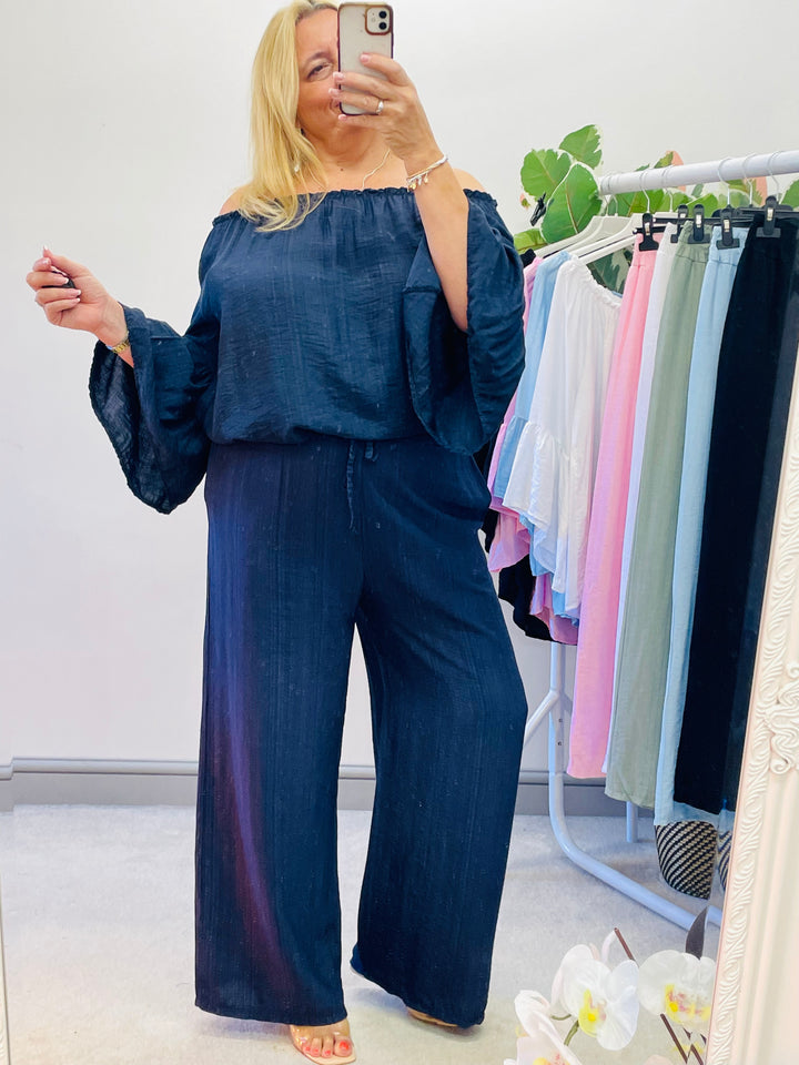 LADIES WOMENS WIDE LEG PALAZZO TROUSERS - BLACK, KHAKI, WHITE, PINK, BLUE & NAVY