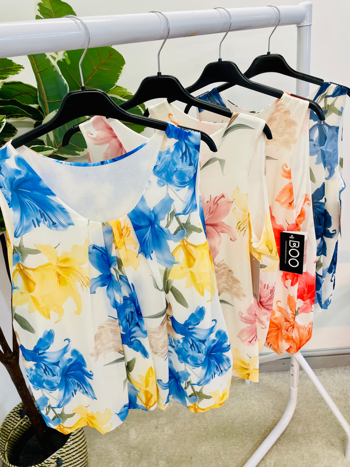 LADIES CHIFFON FLORAL PRINT TOP - PINK, ORANGE, NAVY, BLUE