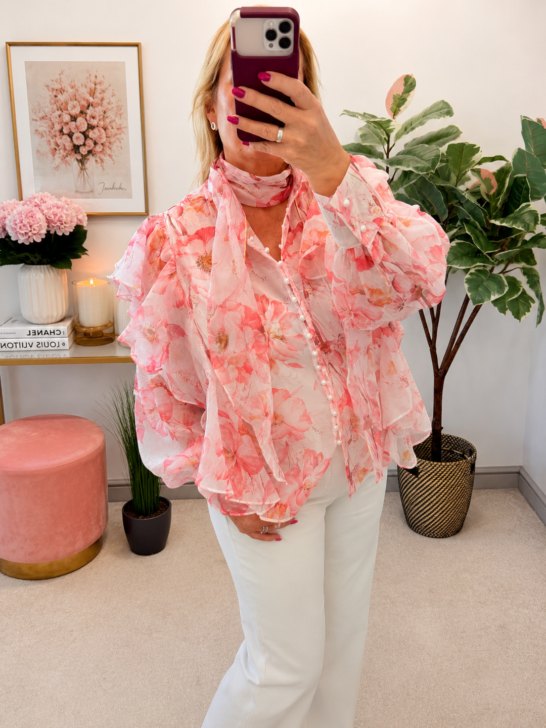 Ladies Sheer Pink Frill Blouse Top