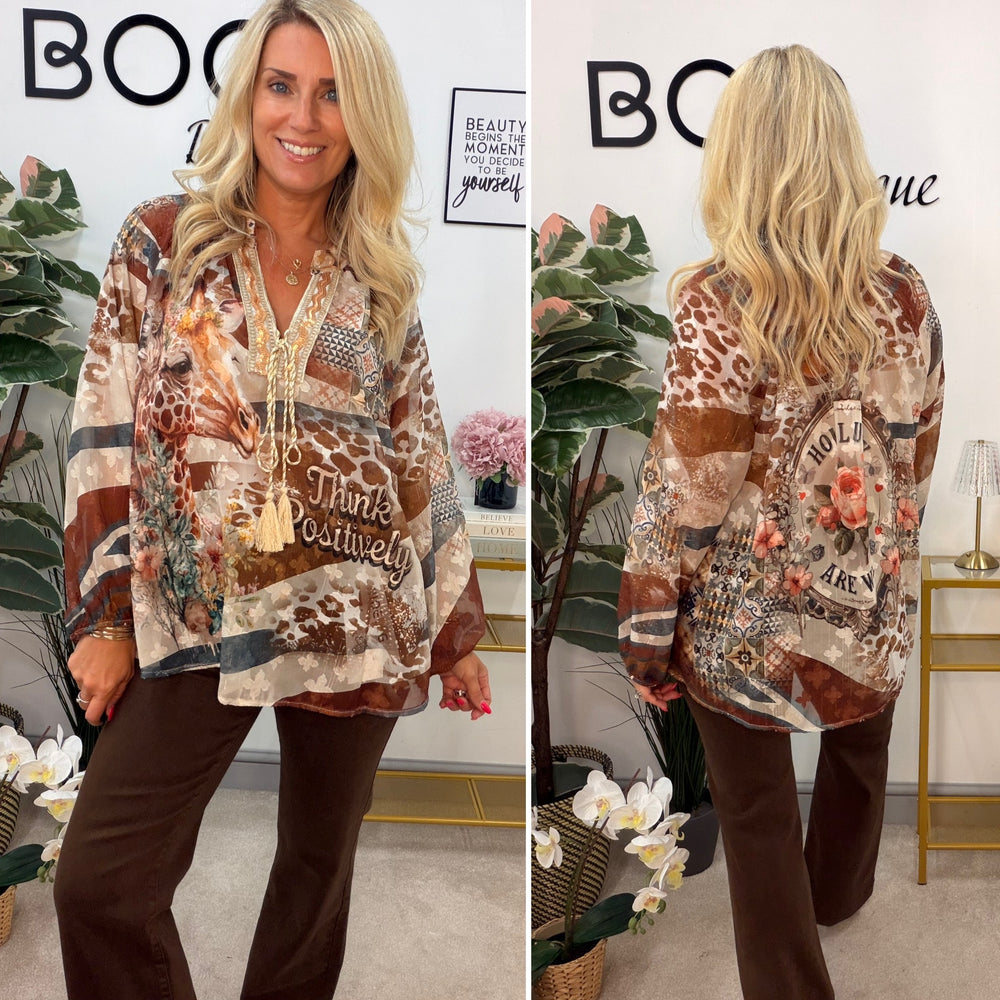 Ladies Fashion Chiffon Giraffe Rose Print Blouse Top