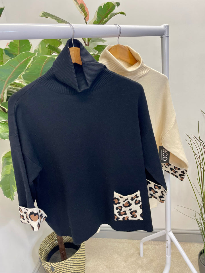 LADIES SOFT KNIT JUMPER WITH LEOPARD PRINT - BLACK & CREAM