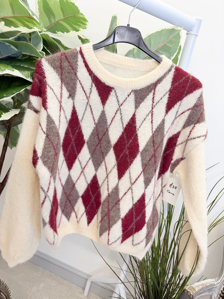 LADIES FASHION ARGYLE KNIT JUMPER - BERRY, CREAM, BROWN, 