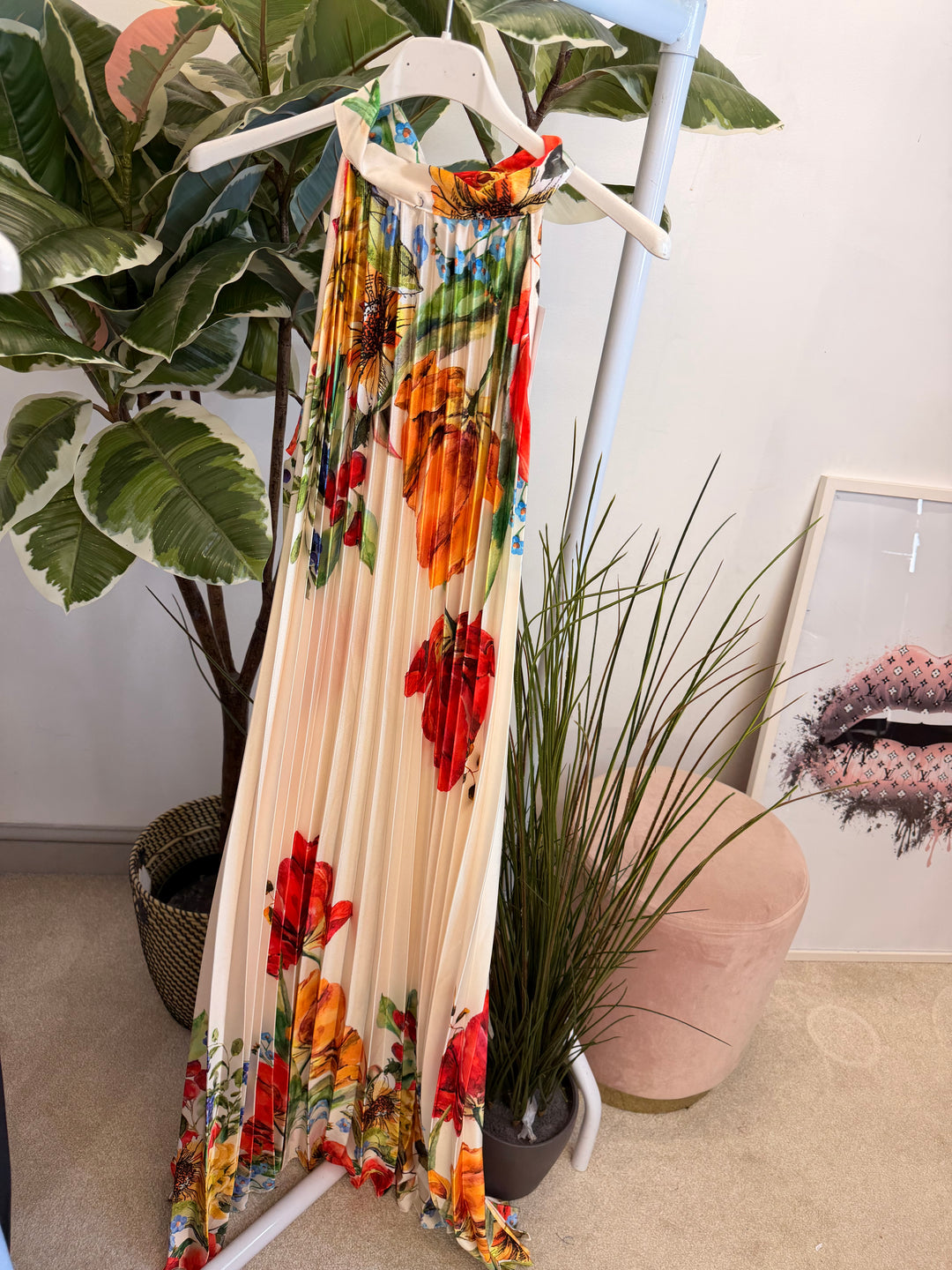 Ladies Satin Pleated Flower Print Summer Maxi Dress - Black, Cream & Blue